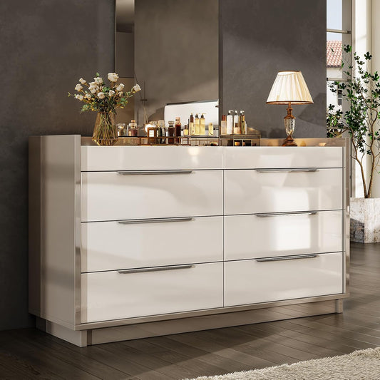 47.2" High Gloss 8 Drawer Dresser with LED Light, Modern Chest of Drawers with Glass Tabletop & 2 Six-Grid Jewelry Drawers, for Bedroom/Living Room/Dressing Room, Cream&Grey