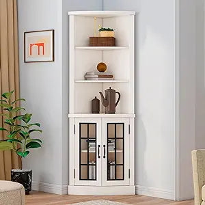 Curved Corner Storage Cabinet, 65" Tall Freestanding Bookcase with Glass Doors & Adjustable Shelves, 5-Tier Corner Display Cabinet for Living Room, Bathroom, Distressed White