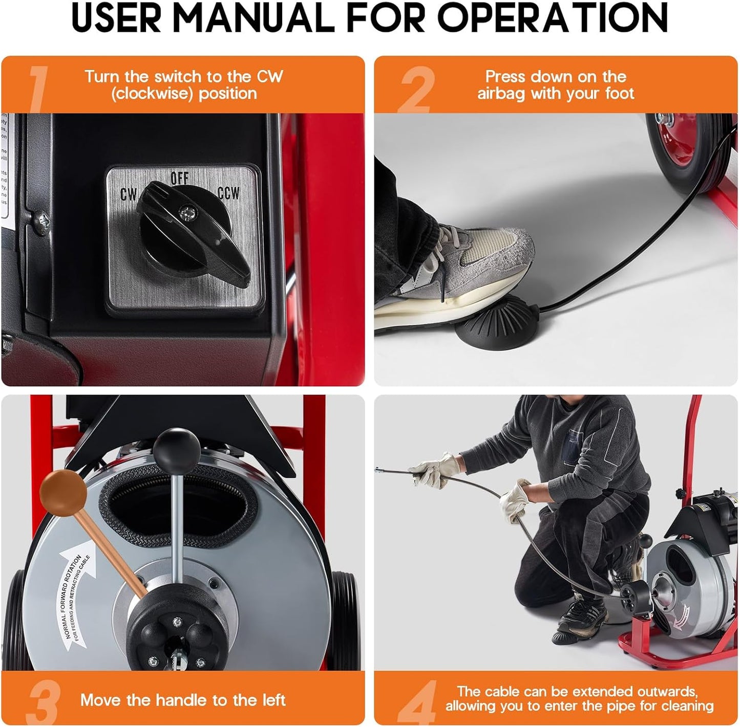 Jocisland 75 FT x 3/8 inch Drain Cleaner Machine, Auto Feed Electric Drain Snake with 10 Cutters & Air-activated Foot Switch for 1 to 4 Inch Pipes, Sewer Snake Auger, Grey/Red