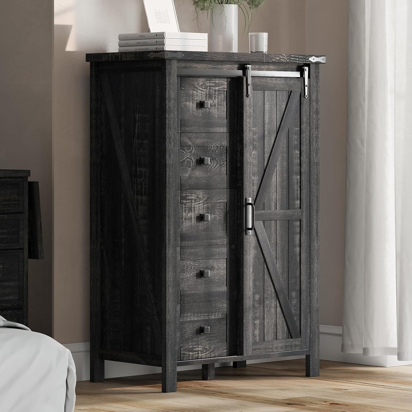 Farmhouse Sideboard Buffet Cabinet with 5 Drawers & Sliding Barn Door for Living Room, White
