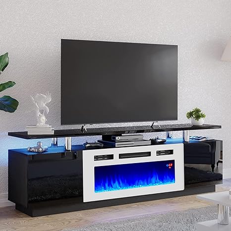 Fireplace TV Stand with 40" Fireplace, 80" Modern High Gloss Fireplace Entertainment Center LED Lights, 2 Tier TV Console Cabinet for TVs Up to 90", Cement Grey