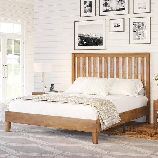 Queen Size Solid Wood Bed Frame, Mid-Century Wooden Platform Bed with Grille Headboard, Wood Slat System/No Box Spring Needed/Noise Free, Natural