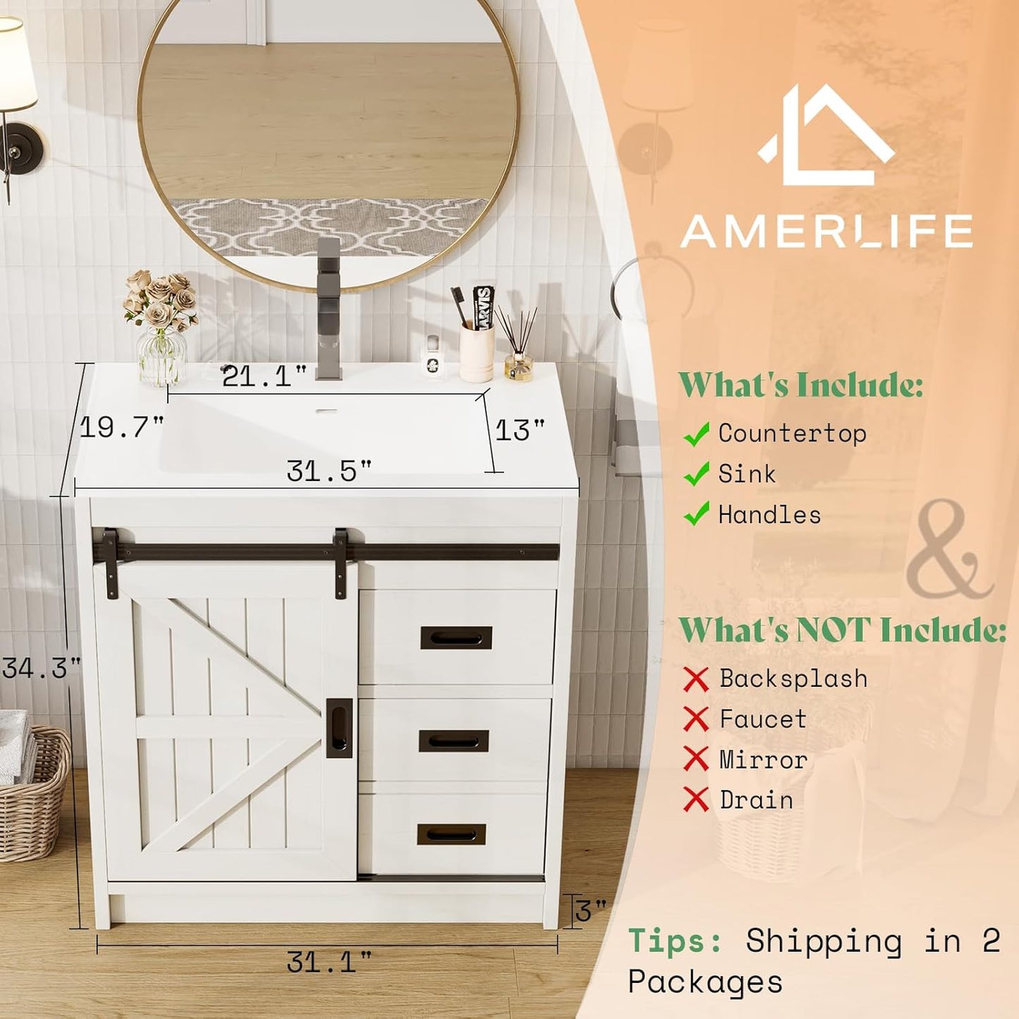 Farmhouse Bathroom Vanity with Sink Combo, 31in Sliding Barn Door Bathroom Vanity Cabinet Set with Storage Drawers, Metal Handles, Small Single Bath Storage Vanity Sink