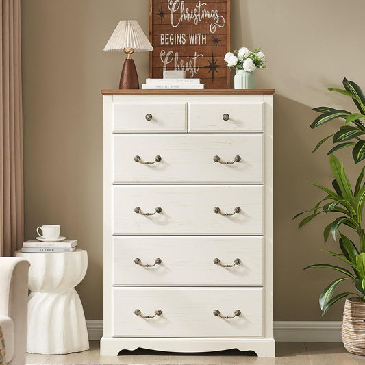 Farmhouse 6 Drawers Dresser for Bedroom, Wood Chest of Drawers with Metal Handle, White