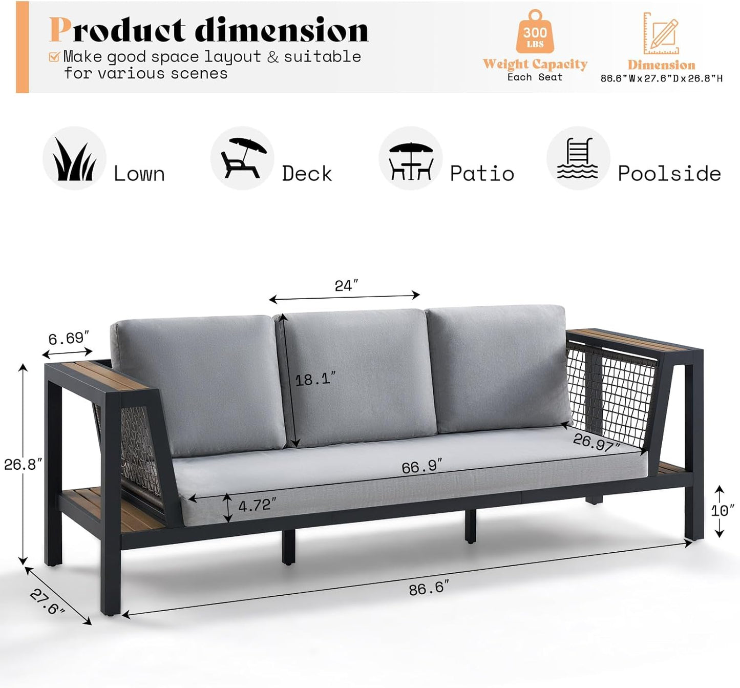 Outdoor Sofa Aluminum Patio Furniture Set with Wide Storage Armrest, 3-Piece Outdoor Couch
