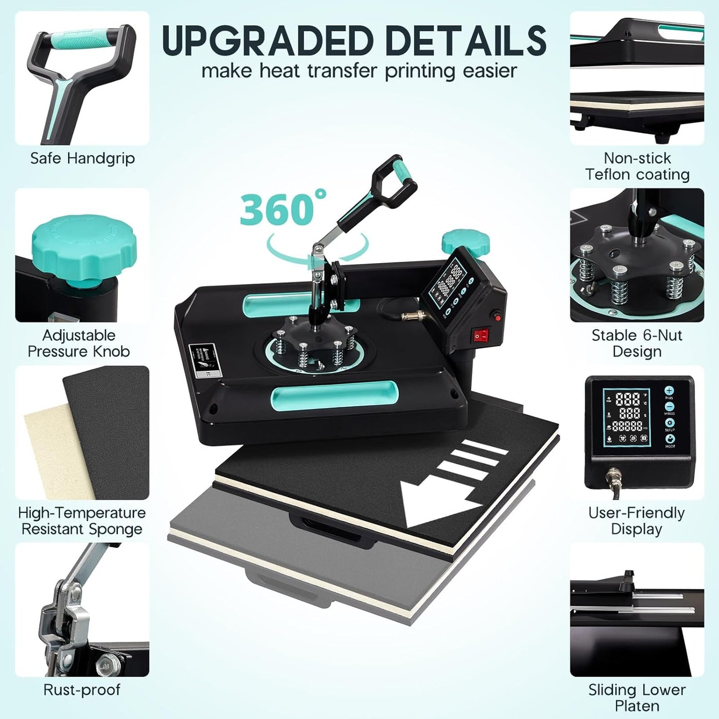 Jocisland 5-in-1 Combo Heat Press, 15x15 360° Swing Away Heat Press Machine for T Shirts Mugs Hat Plate Cap, Digital Sublimation Machine, Green Black
