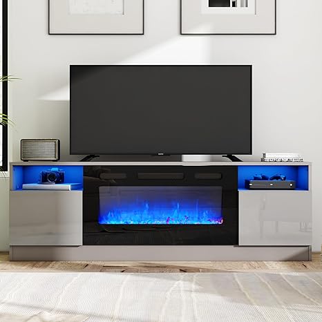 TV Stand with Fireplace, LED Light Entertainment Center with 36" Electric Fireplace, 70" Modern Wood Entertainment Stand with Highlight Storage Cabinet for TVs up to 80", White & Black