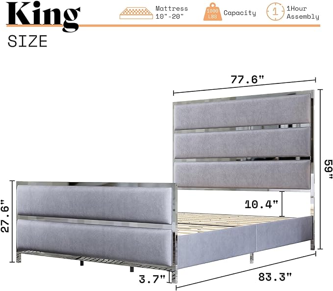 King Size Bed Frame, Velvet Upholstered Bed with Silver Trim Headboard & Footboard, Channel Tufted Platform Bed Frame, No Box Spring Needed/Light Grey