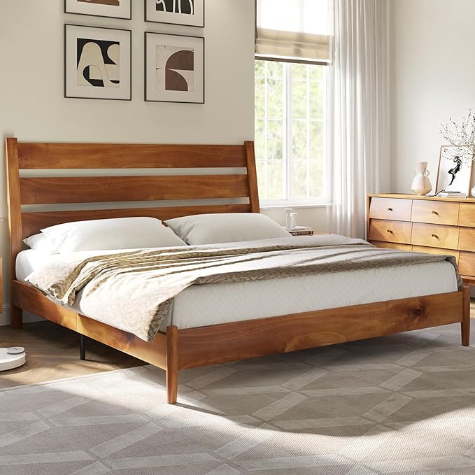 King Size Solid Wood Bed Frame, Mid Century Platform Bed with Reclining Slatted Headboard, Wood Slat Support,No Box Spring Needed, Noise Free, Light Brown