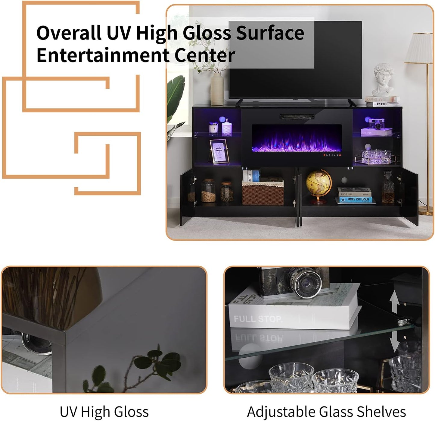 3 Piece Modern High Gloss Fireplace TV Stand + Bookcase Set for Living Room Includes 68" TV Stand with 40" Fireplace, 2 X Bookcase Storage Cabinet with Doors & 20 Colors LED Lights, Black