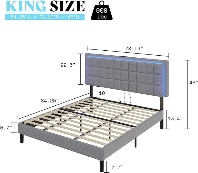 Full Size Button Tufted Platform Bed Frame with LED Lights, Upholstered Bed Frame with Charging Station, Wood Slat Support, Mattress Foundation, Light Grey