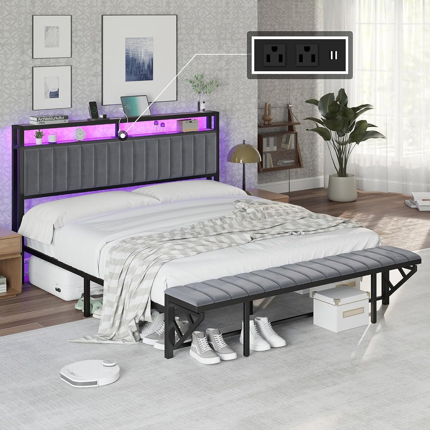 Bed Frame with LED Light and Charging Station, Velvet Upholstered Headboard with Storage Shelf, Heavy Duty Metal Slats/No Box Spring Needed/Easy Assembly