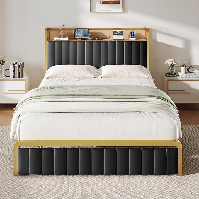 Full Size Bed Frame with Motion Sensor Light, Upholstered Platform Bed with Integrated Drawer,Storage Headboard/Charging Station/Noise Free/Easy Assembly, Gold & Black