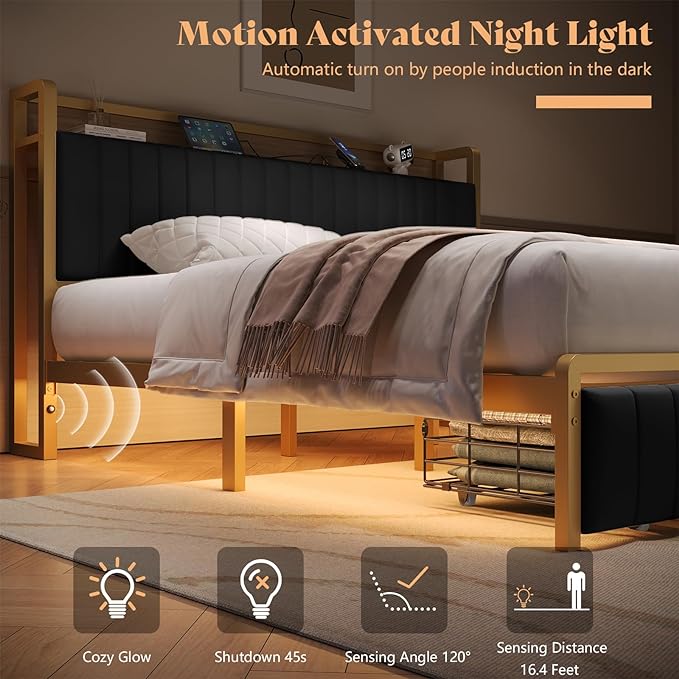 Full Size Bed Frame with Motion Sensor Light, Upholstered Platform Bed with Integrated Drawer,Storage Headboard/Charging Station/Noise Free/Easy Assembly, Gold & Black