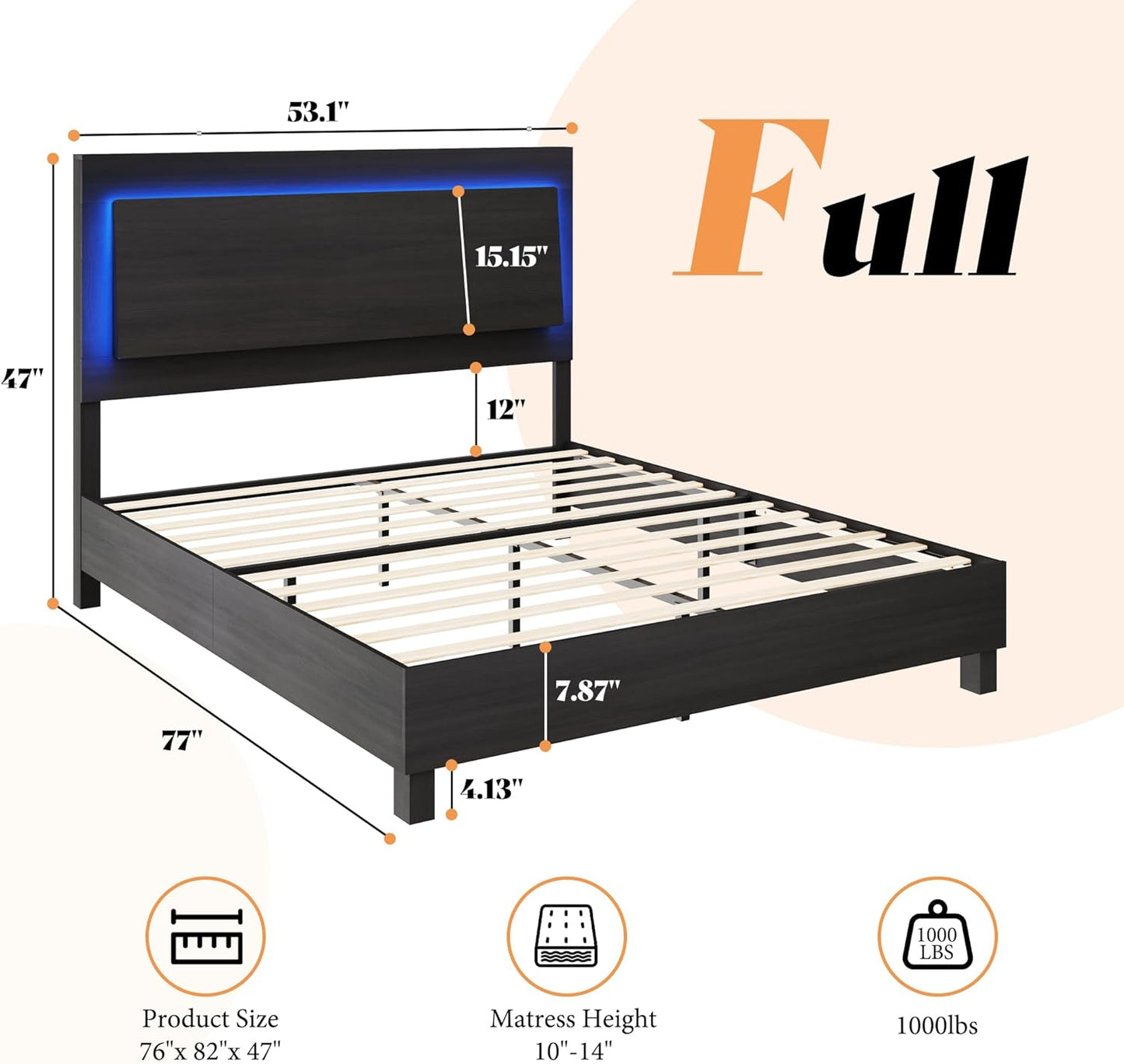 Wood Full Bed Frame with 47" Headboard, Rustic Platform Bed with LED Lights, Mattress Foundation with Wooden Slats Support, No Box Spring Needed/Noise Free, Black