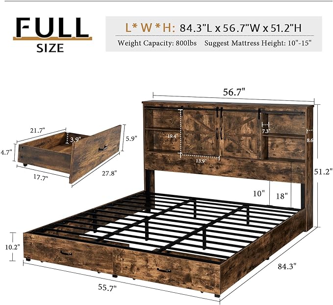 Full Size Bed Frame, Wooden Platform Storage Bed with 51.2" Bookcase Headboard, 2 Drawers, Charging Station/No Box Spring Needed/Noise Free(Rustic Brown)