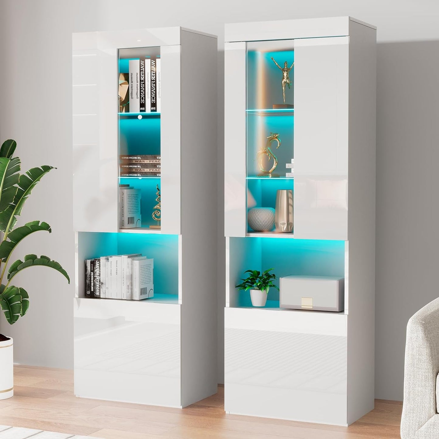 2 Piece 71in Tall Bookcase Storage Cabinet with Glass Doors, Modern High Gloss LED Bookshelf Display with 5 Tiers for Storage & Adjustable Glass Shelves for Living Room, Office