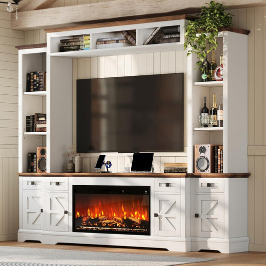 VANACC Farmhouse TV Stand with Fireplace,Power Outlets,Bookshelves & Wine Cabinet for 78" TVs