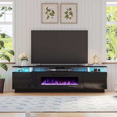 Fireplace TV Stand with 40" Fireplace, 80" Modern High Gloss Fireplace Entertainment Center LED Lights, 2 Tier TV Console Cabinet for TVs Up to 90", Obsidian Black