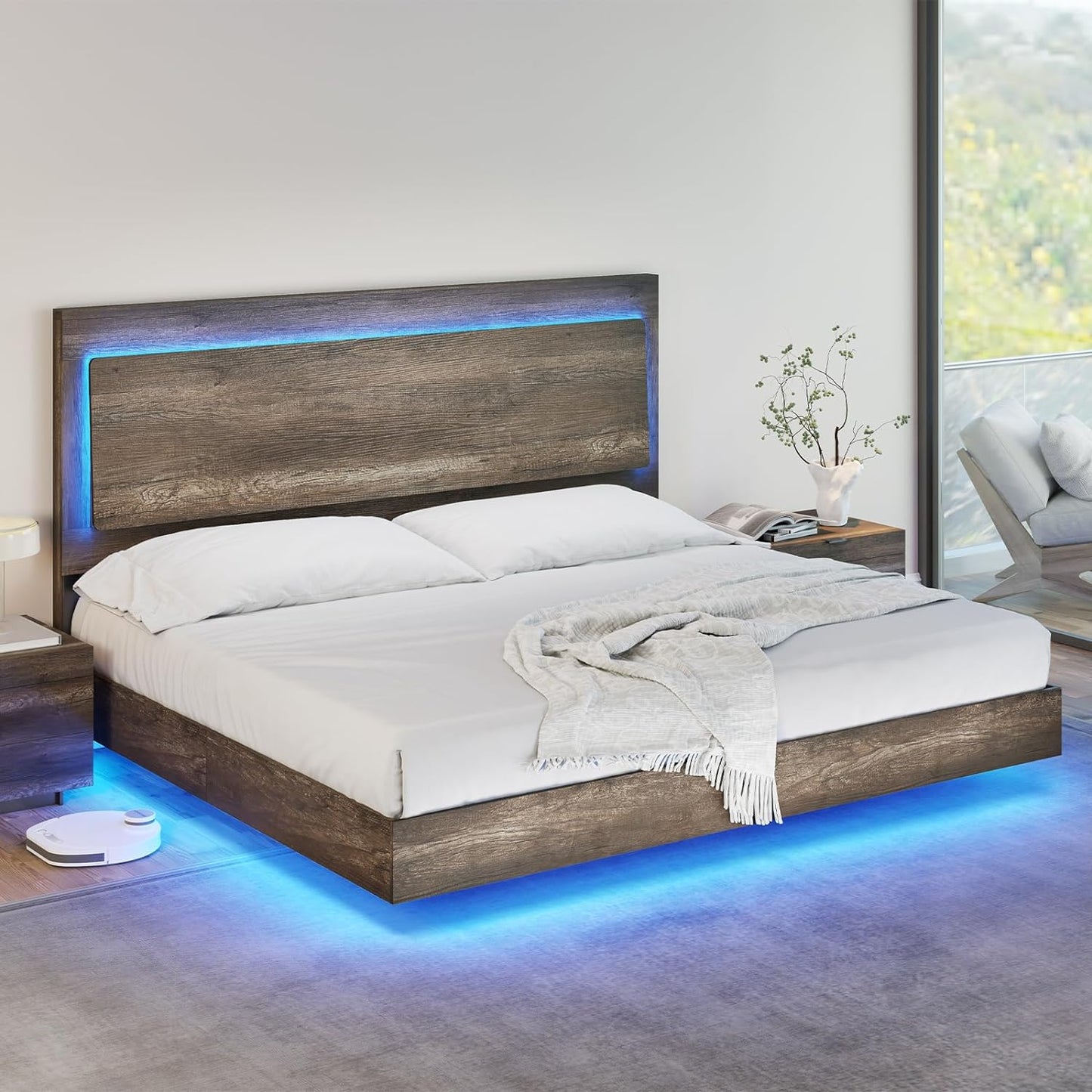 Bed Frame, Farmhouse Floating Bed Frame with Recline Headboard, Platform Bed with LED Light, No Box Spring Needed/Noise Free