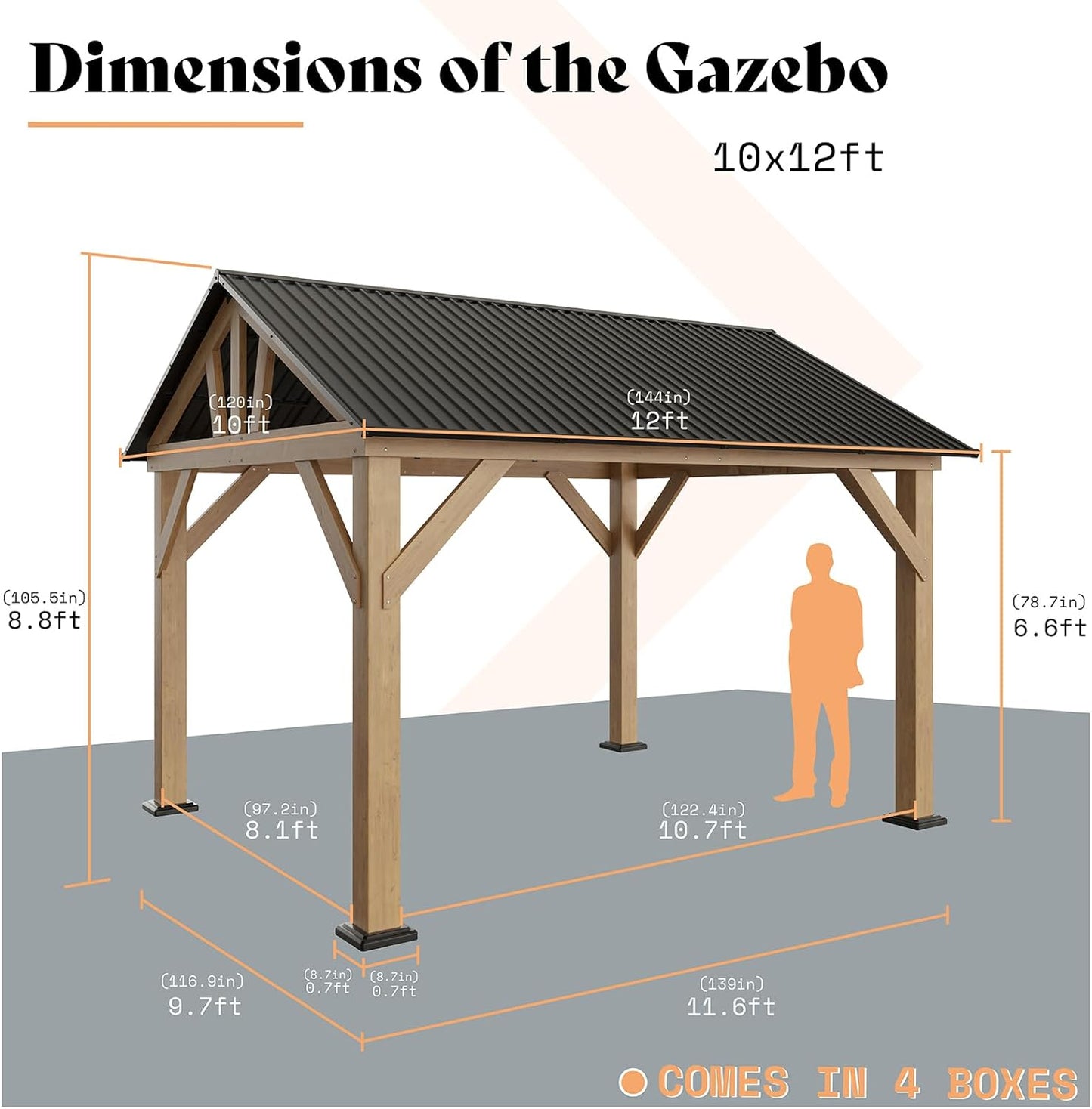 Jocisland Wood Gazebo, Hardtop Gazebo with Metal Steel Gable Roof, Outdoor Gazebo with Guest House for Garden, Porch, Patio, Black + Natural Wood