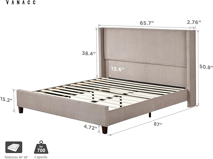 Queen Size Platform Bed Frame, 50.8" Corduroy Upholstered Bed with Vertical Channel Tufted Headboard/Wooden Slats/Wingback/No Box Spring Required/Taupe