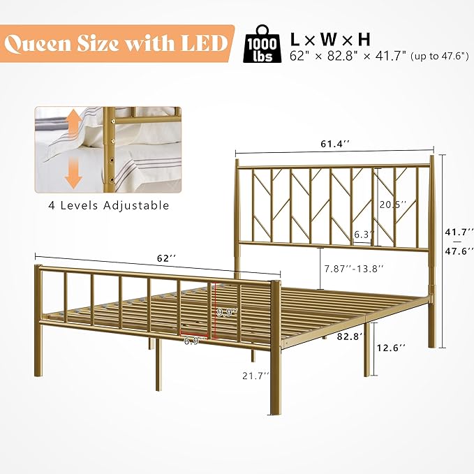 Twin Metal Bed Frame with Adjustable Headboard and LED Lights