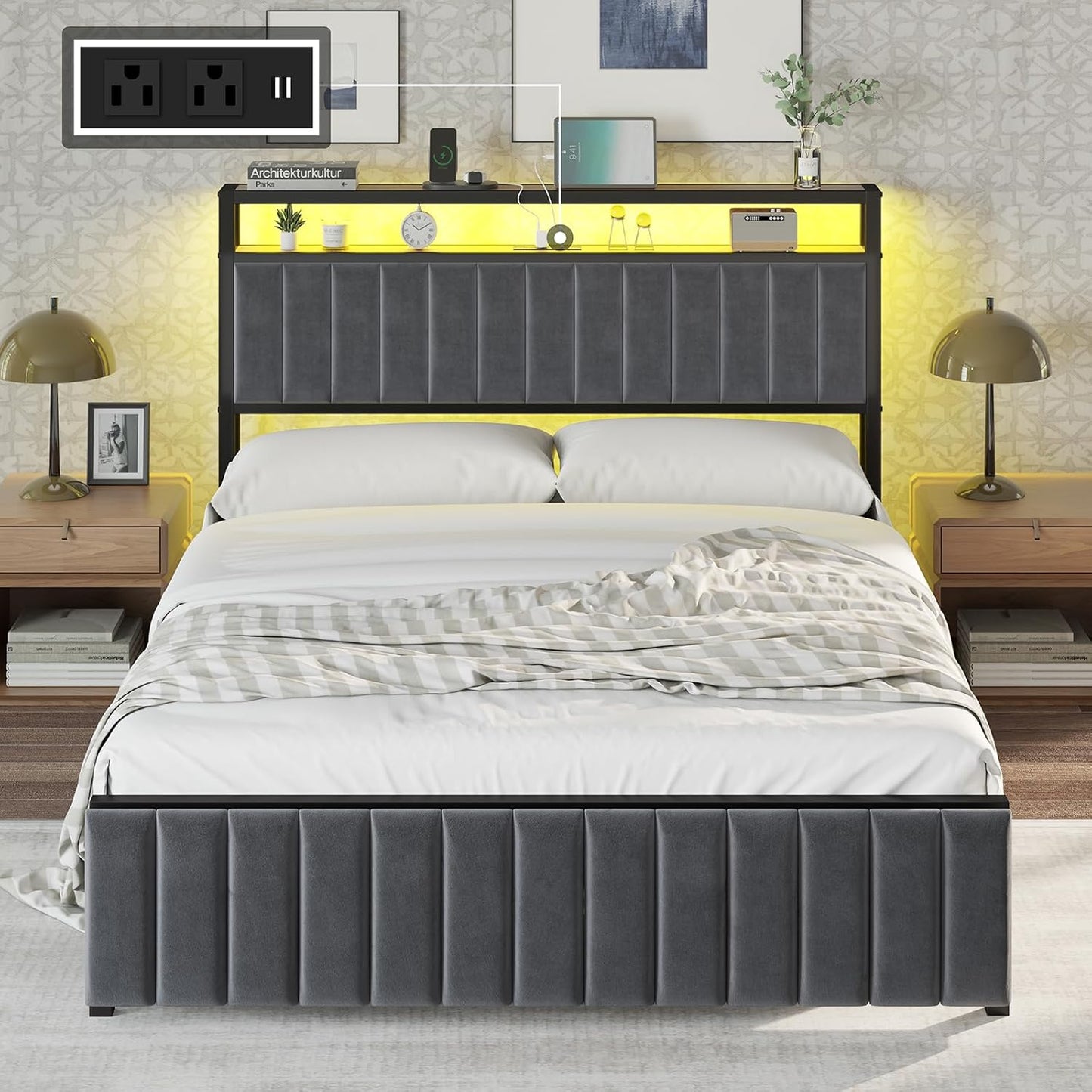 Bed Frame with LED Light and Charging Station, Velvet Upholstered Headboard with Storage Shelf, Heavy Duty Metal Slats/No Box Spring Needed/Easy Assembly