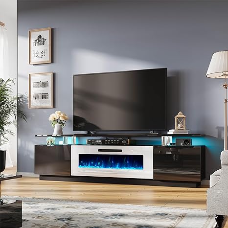 Fireplace TV Stand with 40" Fireplace, 80" Modern High Gloss Fireplace Entertainment Center LED Lights, 2 Tier TV Console Cabinet for TVs Up to 90", Obsidian Black