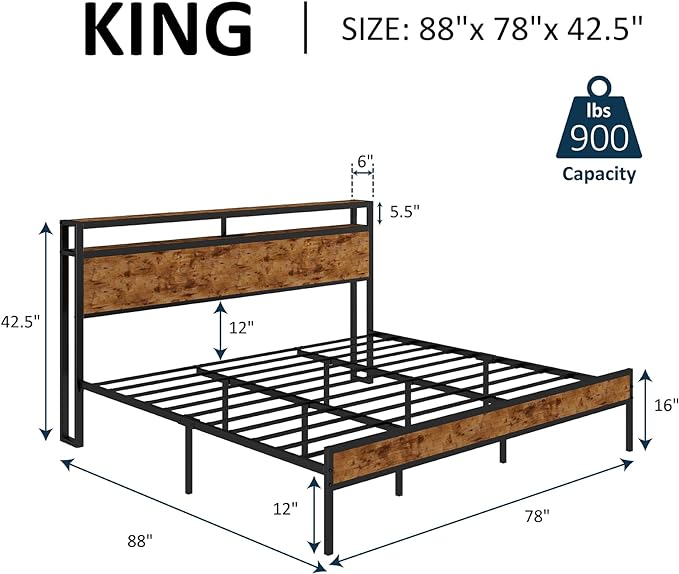 Full Size Bed Frame, Industrial Platform Bed with Charging Station, 2-Tier Storage Headboard/No Box Spring Needed/Noise-Free/Dark Brown