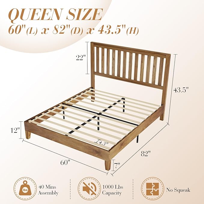 Queen Size Solid Wood Bed Frame, Mid-Century Wooden Platform Bed with Grille Headboard, Wood Slat System/No Box Spring Needed/Noise Free, Natural