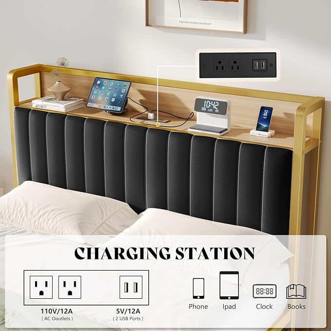 Full Size Bed Frame with Motion Sensor Light, Upholstered Platform Bed with Integrated Drawer,Storage Headboard/Charging Station/Noise Free/Easy Assembly, Gold & Black