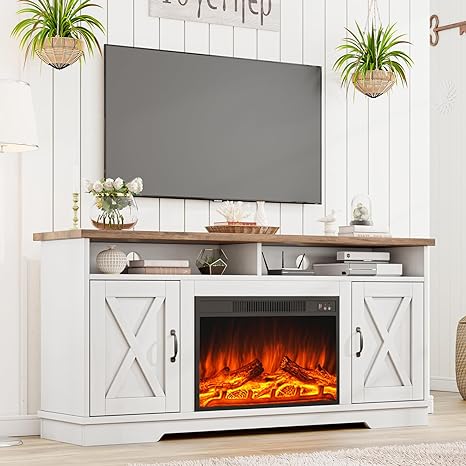 63" Farmhouse TV Stand with 26" Fireplace, for TVs up to 73", Media Entertainment Center with Adjustable Shelf & Barn Doors, Rustic TV Console Cabinet for Living Room, Rustic Oak & White