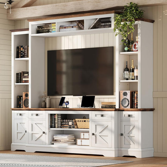 Merluxy Farmhouse Wall Unit TV Stand with Bookshelf & Wine Cabinet, Power Outlets for 78" TVs