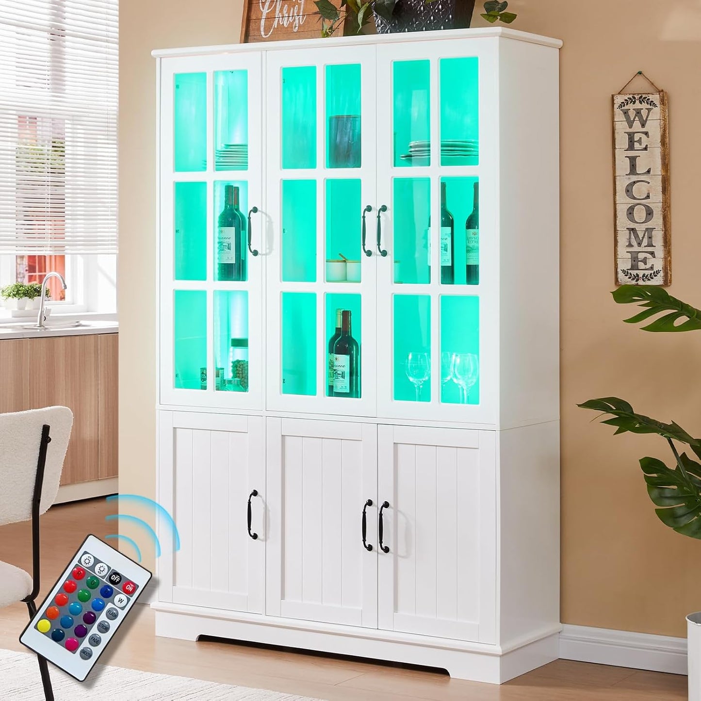 Merluxy 71" LED Storage Cabinet with Adjustable Shelves, Display & Kitchen Pantry, White