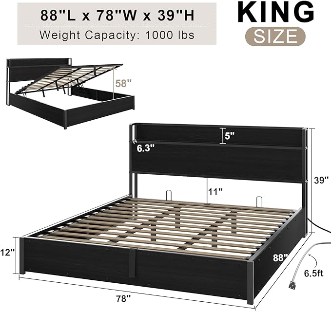 Full Size Lift Up Storage Bed Frame, Wooden Platform Bed Frame with Lifting Storage & Charging Station, No Spring Box Needed/Noise Free, Black