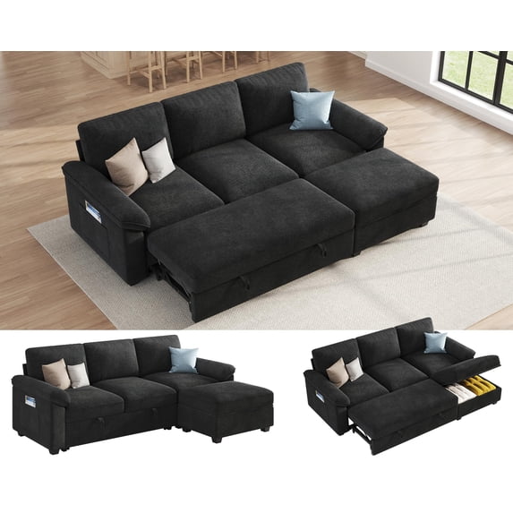 VanAcc Sleeper Sofa Bed with Storage, L Shaped Convertible Couch for Living Room, Side Pockets and Plush Armrest Pillow