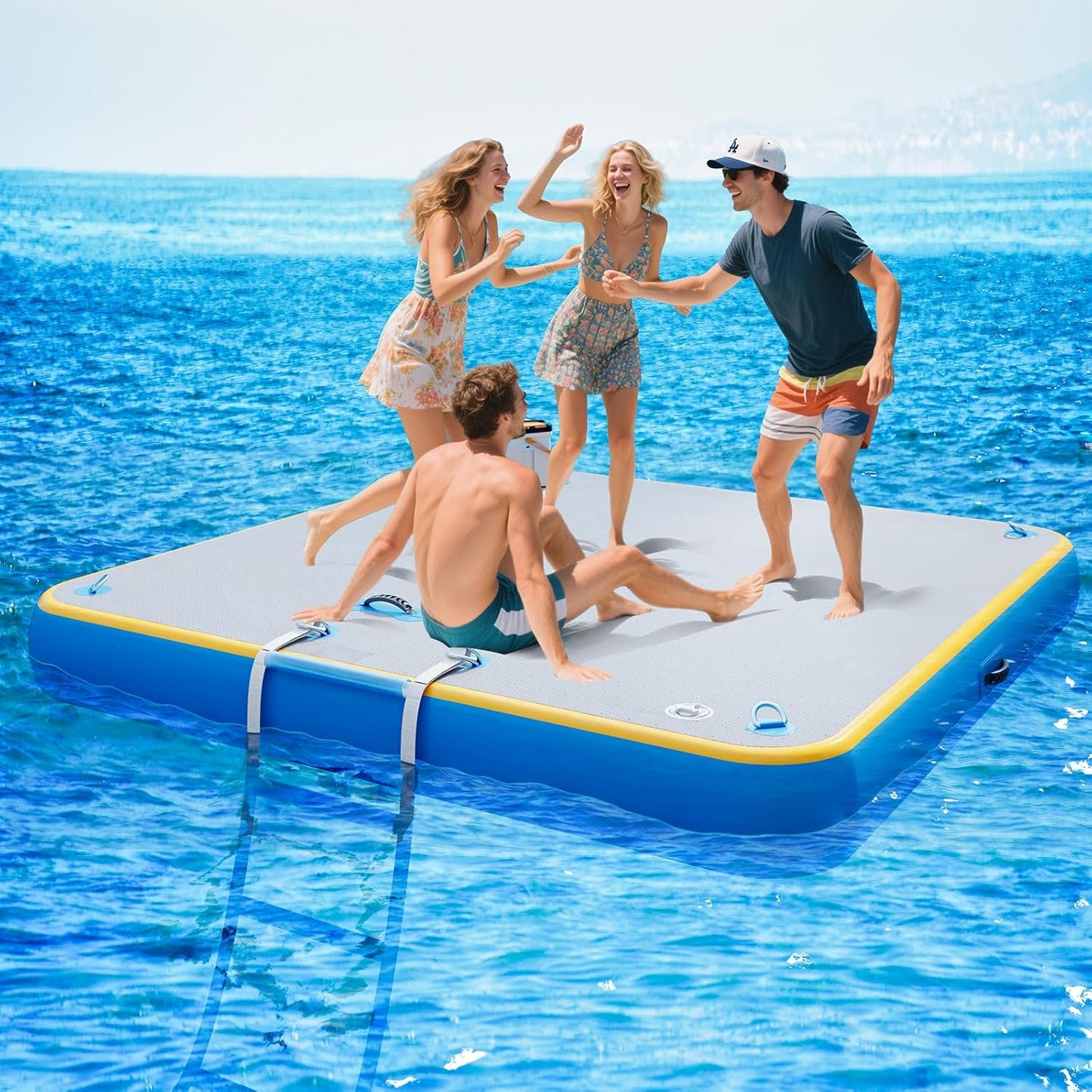Jocisland 6x6 ft Inflatable Floating Dock with Non-Slip Surface, Detachable Ladder, Multi-Person Swim Platform for Pool, Beach, Ocean, Gray+Blue