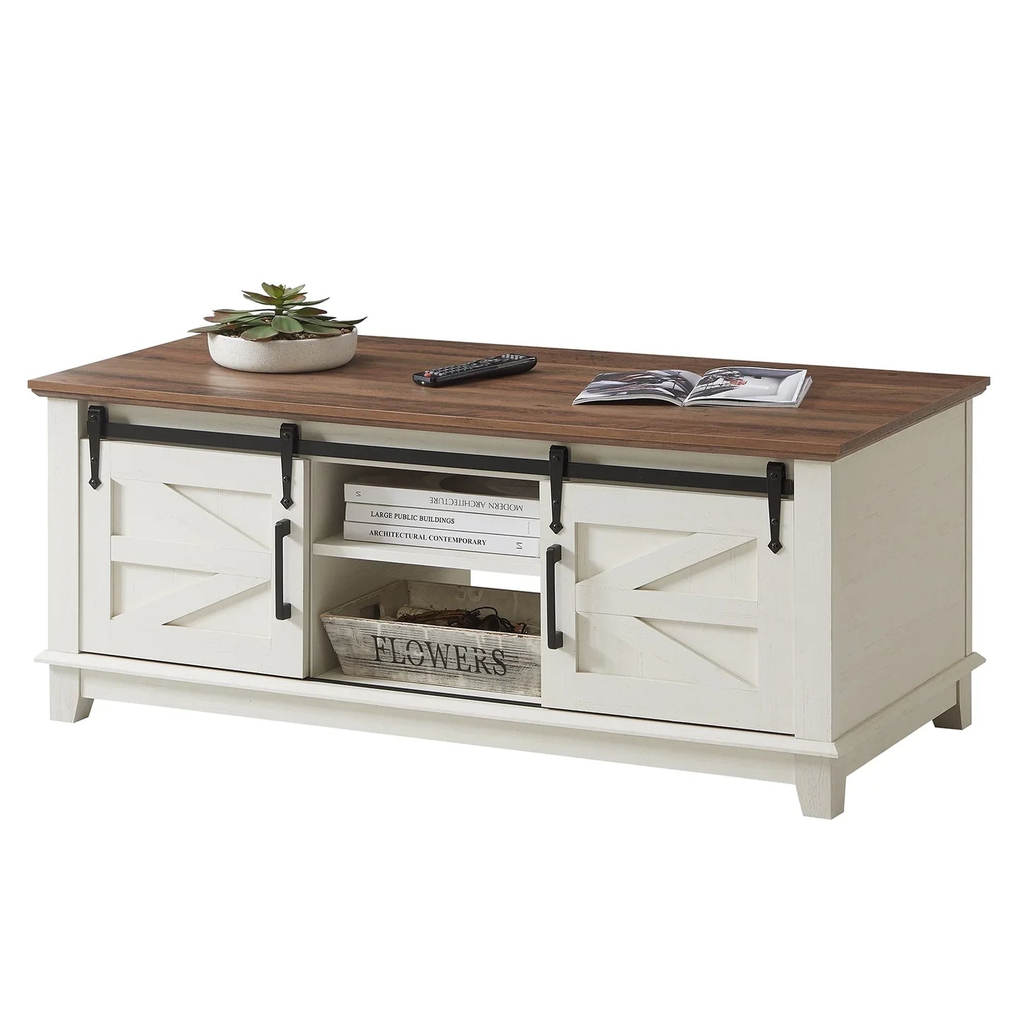 Farmhouse Coffee Table with Storage Sliding Barn Doors, Antique White