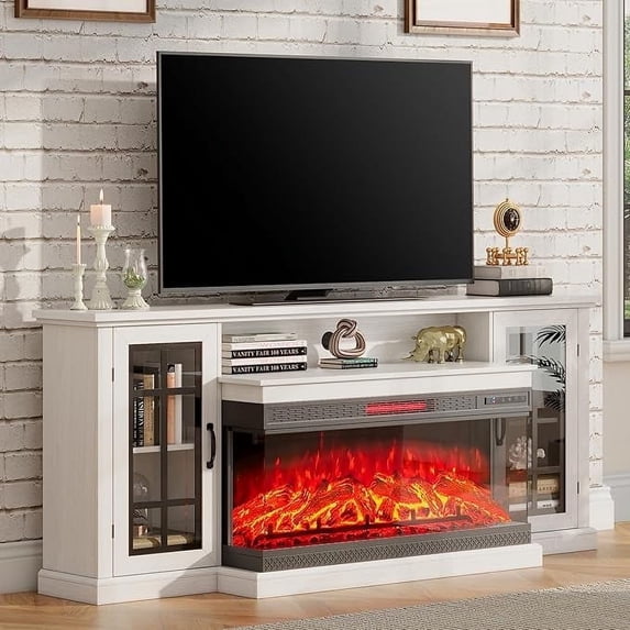 VANACC Fireplace TV Stand with 3-Sided Glass Electric Fireplace, Entertainment Center with Farmhouse Glass Door Storage Cabinet, TV Console for TVs up to 85"