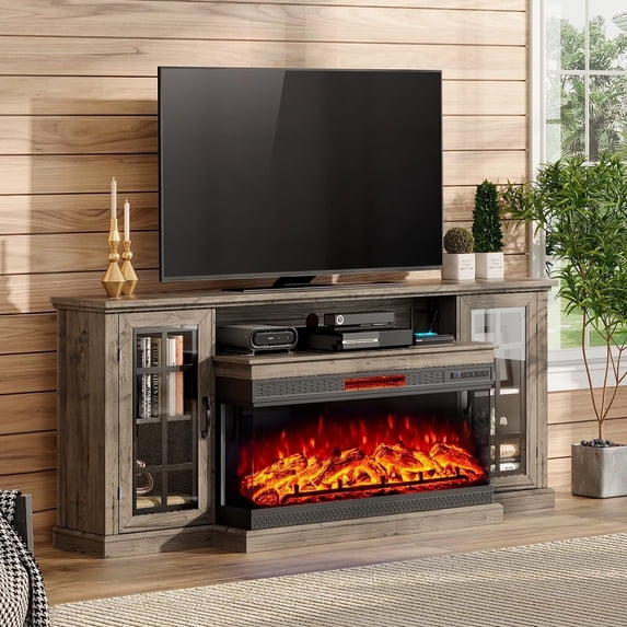 VANACC Fireplace TV Stand with 3-Sided Glass Electric Fireplace, Entertainment Center with Farmhouse Glass Door Storage Cabinet, TV Console for TVs up to 85"