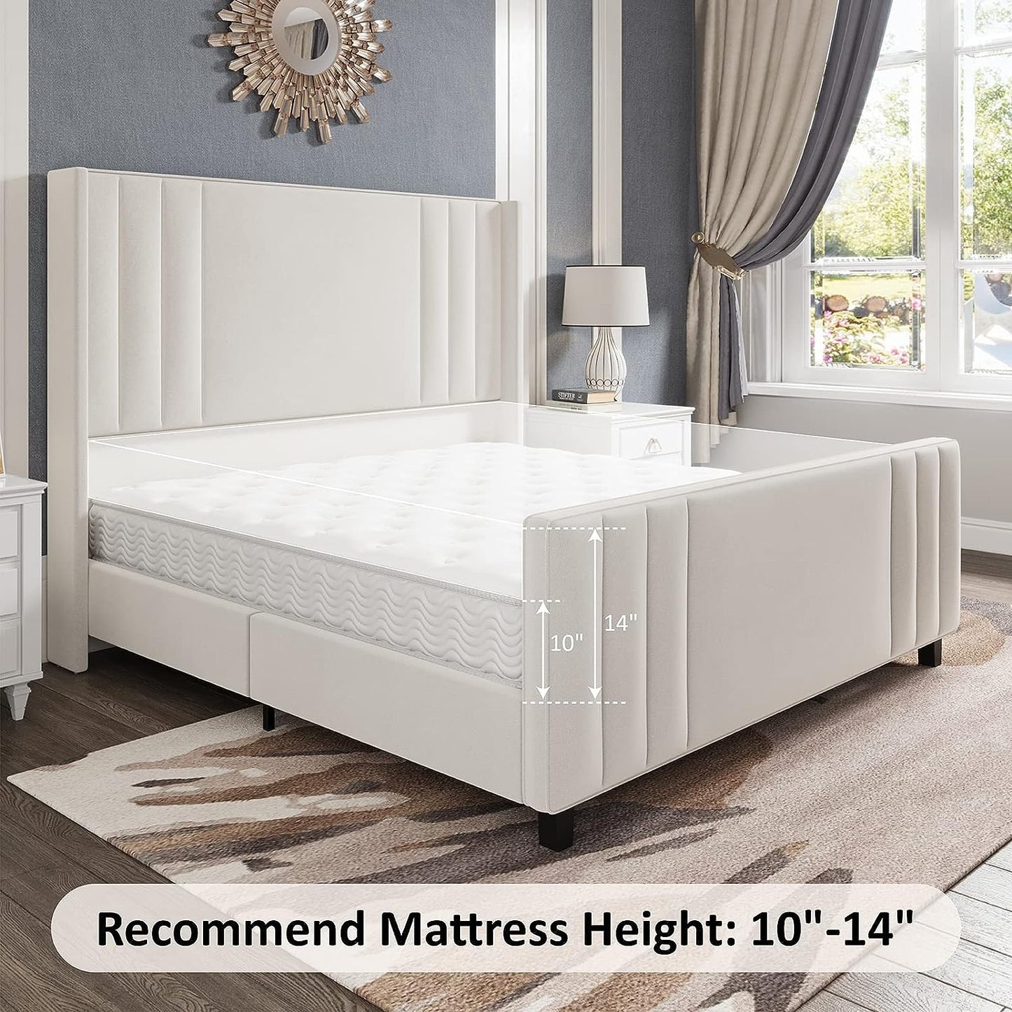 King Platform Bed Frame with Vertical Channel, Cream