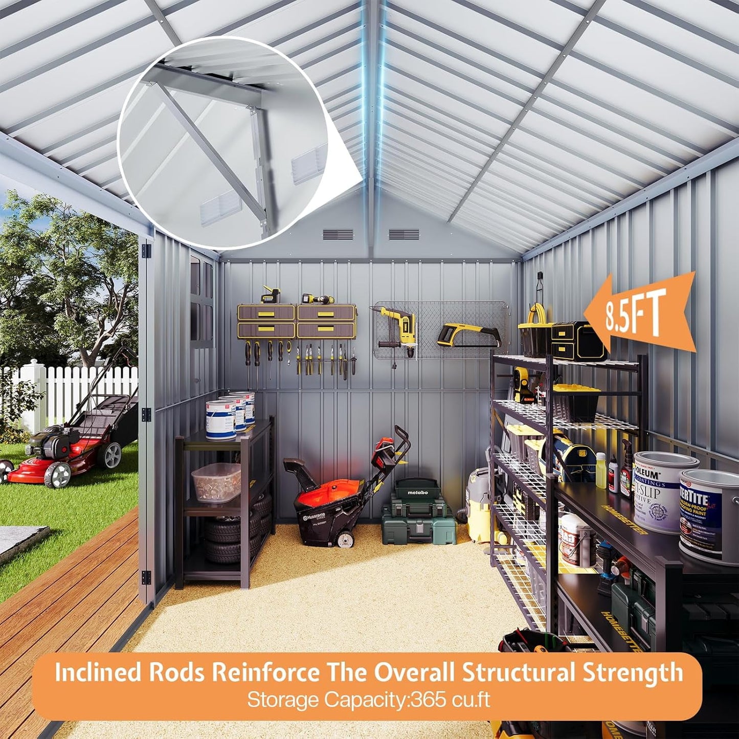 Jocisland 8.5x7.1x7.5 FT Galvanized Steel Outdoor Storage Shed, 4 Vents and Lockable Double Hinged Doors, Metal Shed for Backyard Storage, Dark Black/White