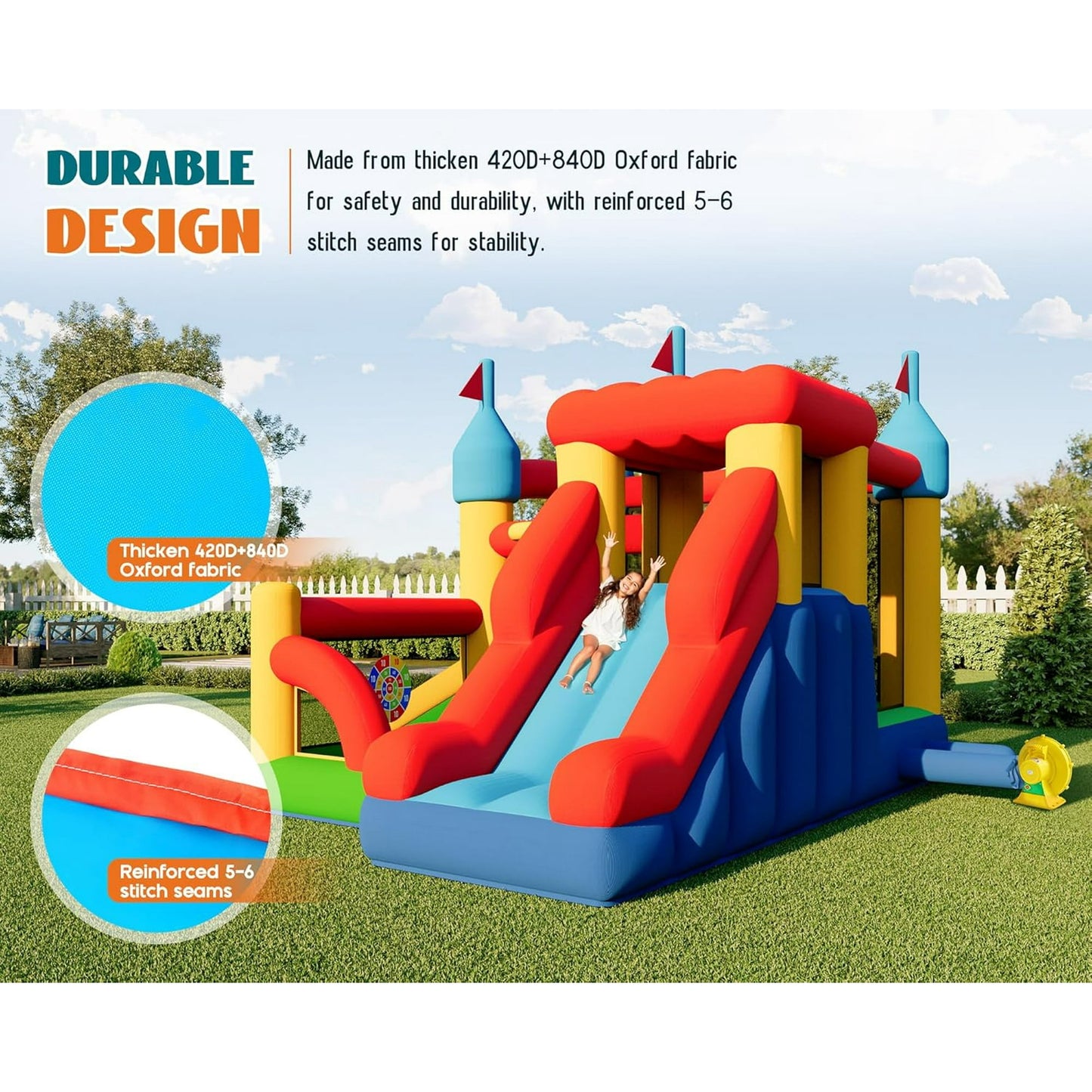 Jocisland Bounce House, Inflatable Bouncer with Air Blower, Jumping Castle with Slide, Outdoor Indoor Bouncy Castle with Oxford Fabric for Kids 3-12 (145.7×118.1×90.6IN)