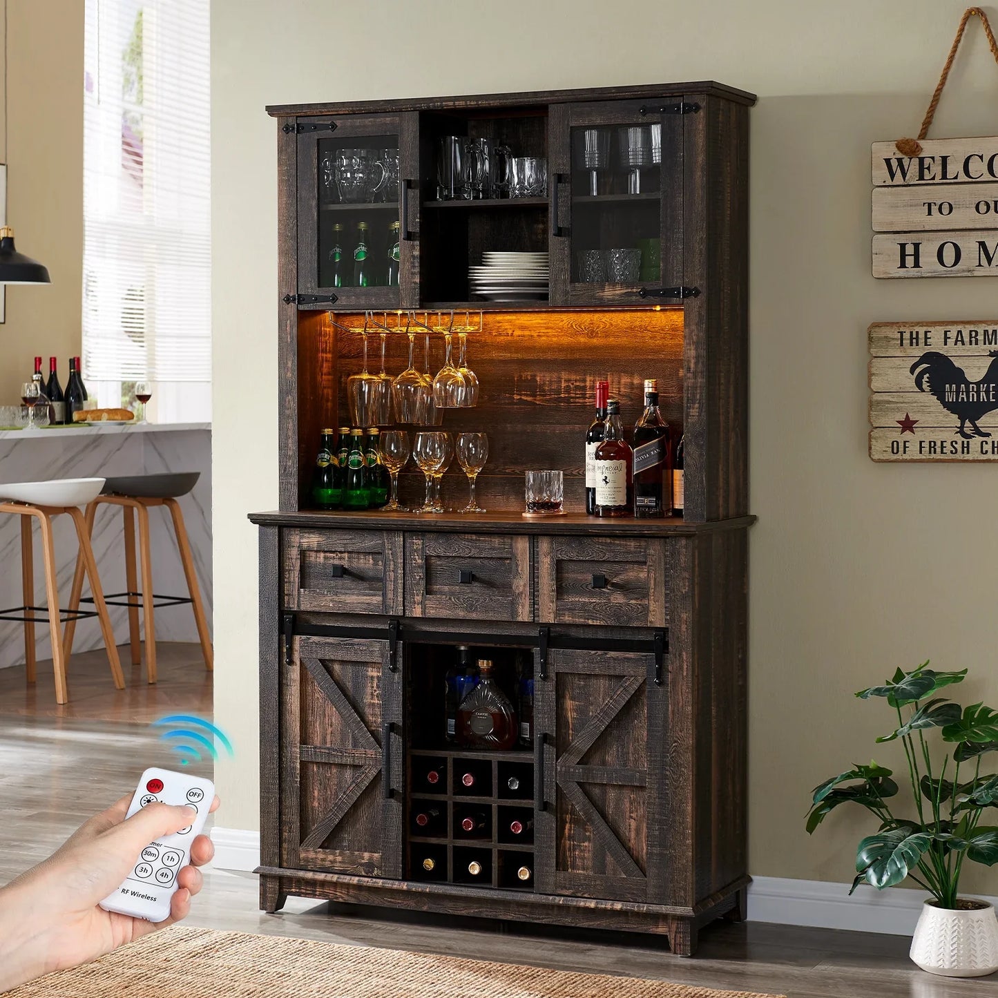 Farmhouse Kitchen Cabinet Coffee Display Bar with LED Lights, Dark Rustic Oak