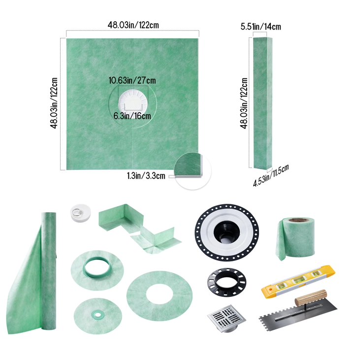Jocisland Shower Curb Kit with Complete Shower Kit- Tray, Curb, Membrane, Seals, Bonding Flange, Corners, Trowel & Level, 48" x 48" Tray, Center Outlet Position