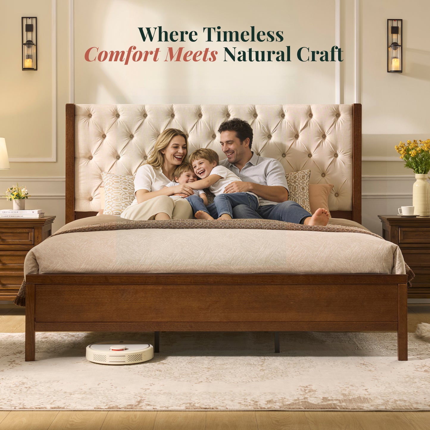 Jocisland Solid Wood Bed Frame, 57" Tall Farmhouse Platform Beds, Upholstered Line Wingback Headboard, Deep Button Tufted, No Box Spring Needed, Easy Assembly