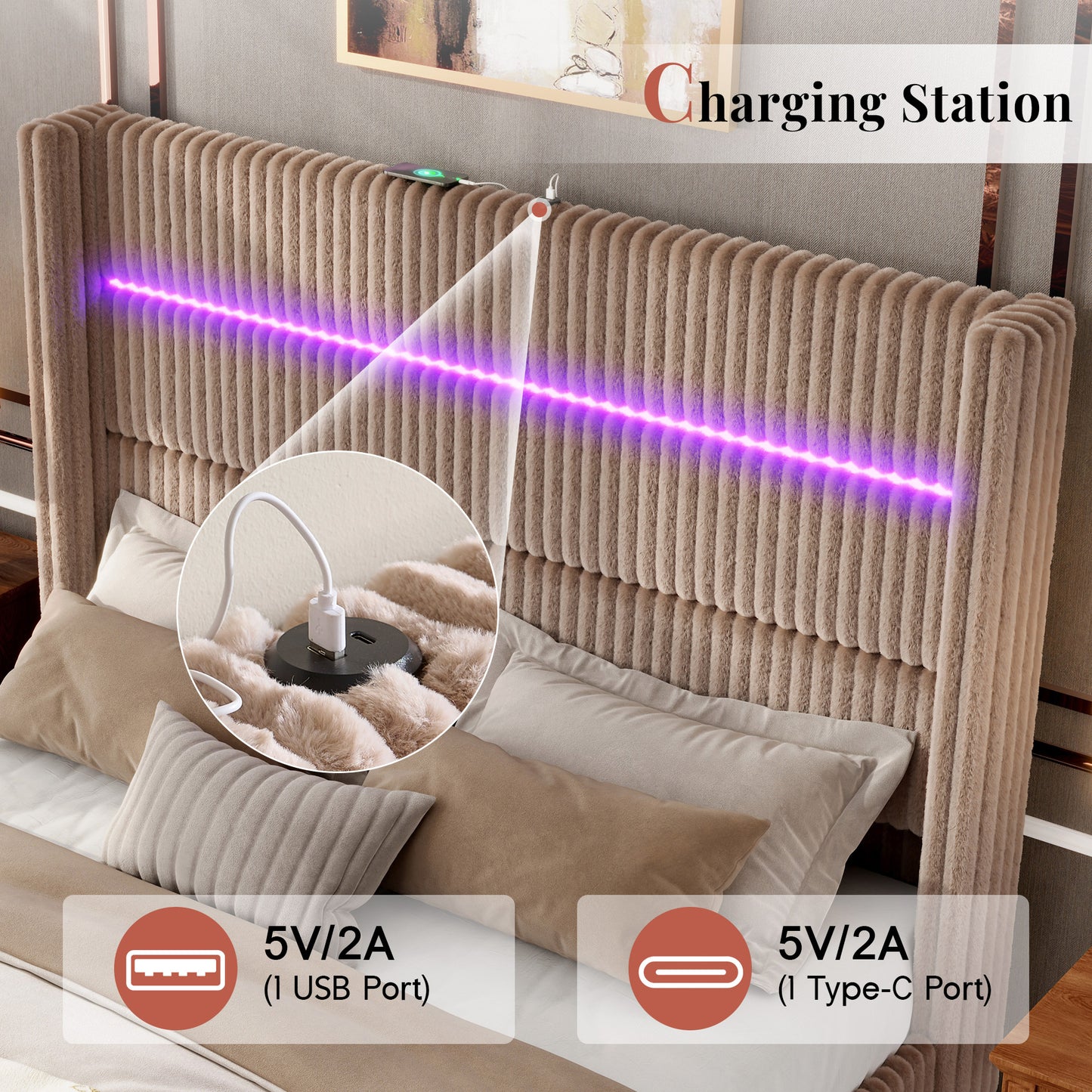 Jocisland Corduroy Upholstered Bed Frame with 4 Storage Drawers & 51.2" Tall Wingback Headboard, LED Platform Bed with Charging Station, Easy Assembly, No Box Spring Needed