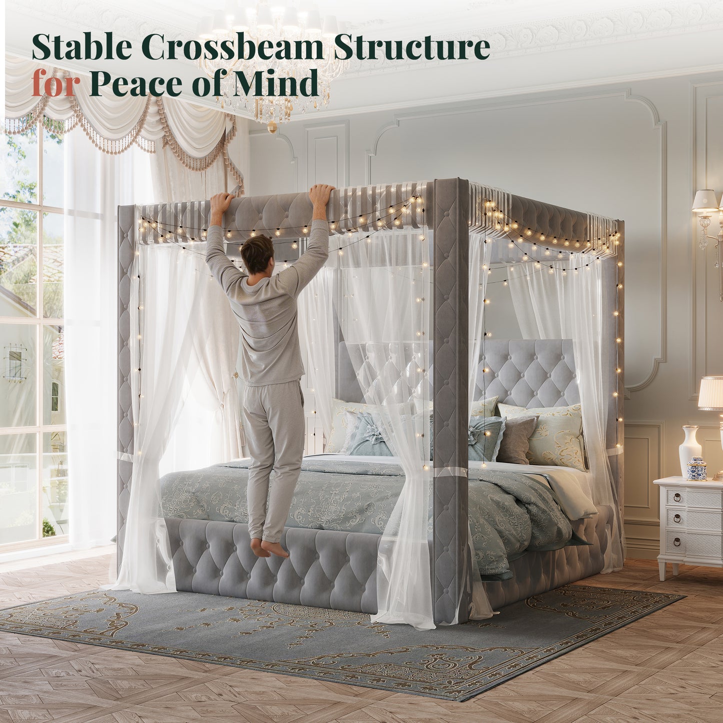 Jocisland Upholstered Canopy Bed Frame with 74.8" Tall Four Poster and Velvet Deep-Tufted Tall Headboard with Charging Station/Modern Luxury Style/No Box Spring Needed