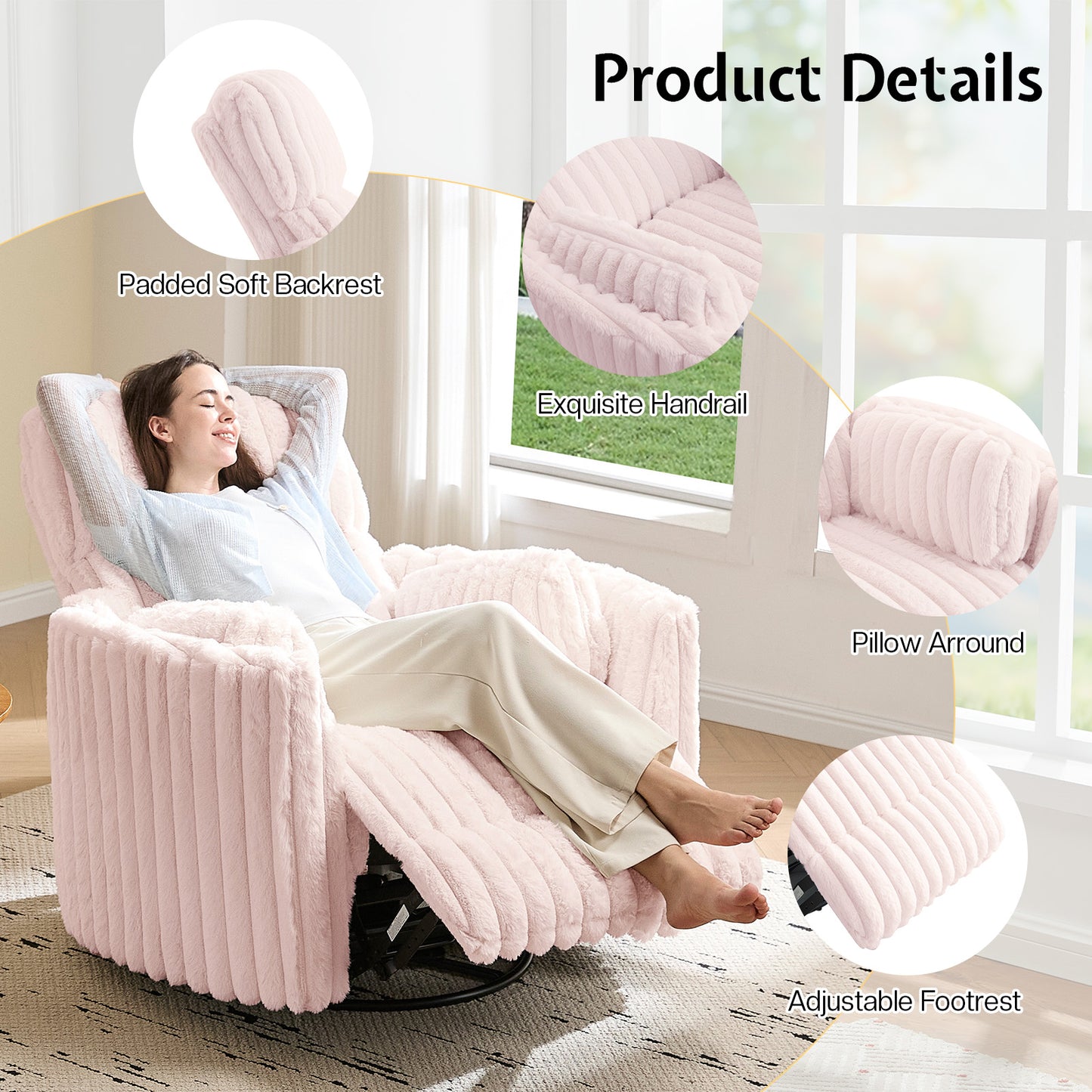 Jocisland Power Recliner Nursery Chair for Adults, Electric Swivel Rocking Glider with USB & Type-C, Soft Fabric Armchair with 2 Pillows, Cozy Reclining Sofa for Living Room, Bedroom, Light Pink
